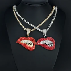 Hip Hop Full Rhinestone Red Lips Teeth Pendant Necklace Hiphop Twist Rope Tennis Chain Necklaces For Women and Men Jewelry Gift