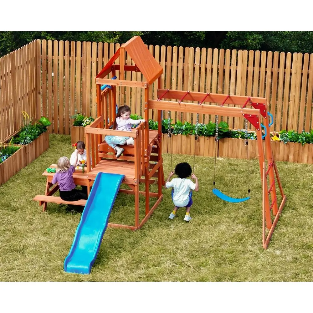 

Dohin Playground CeWooden Swing Sets or Backyard, Outdoor Playset or Kids with Monkey Bar, 2 in 1 Outdoor Table, Wave Slide, Cli