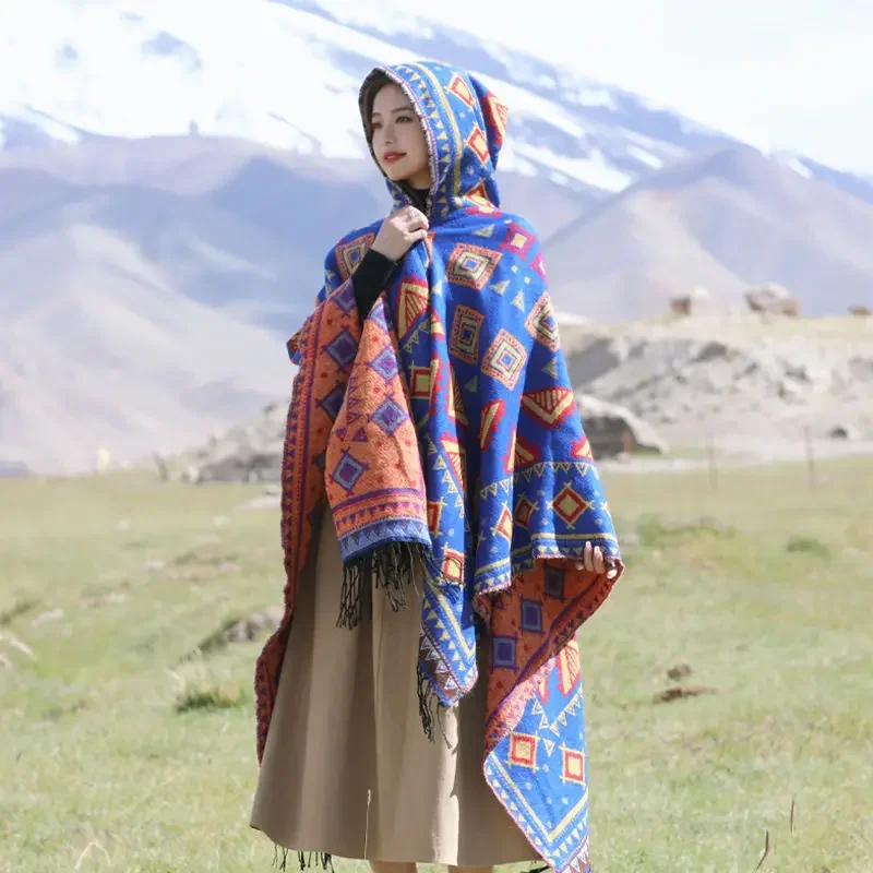 الرجعية العرقية نمط مقنعين عباءة شال ملابس خارجية دافئة للسفر التصوير مطابقة الملابس شمال غرب شينجيانغ التبت الكبير