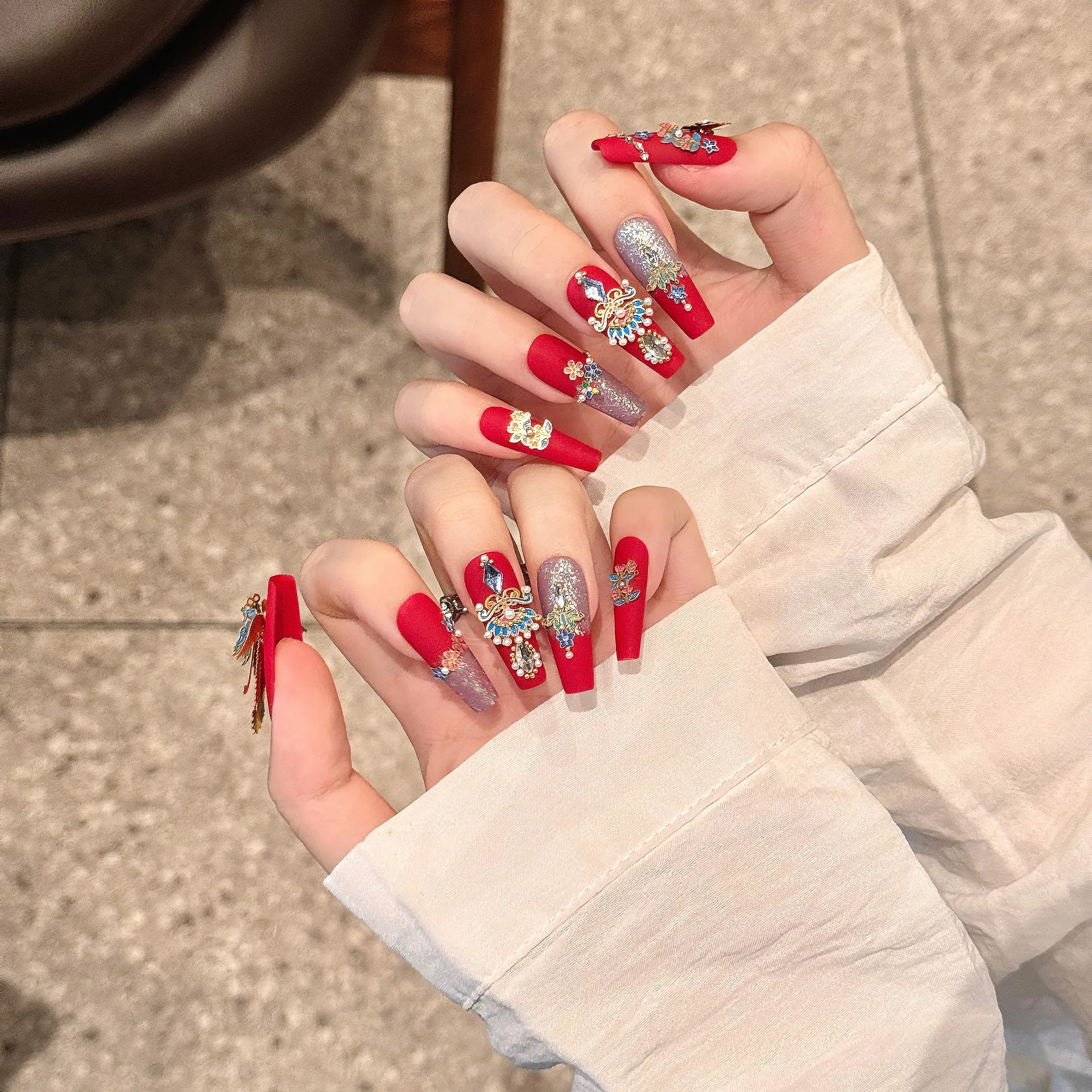 Press On Nails Handmade Festive Chinese Red Three-dimensional Phoenix Peacock Blue False Nail Patches Removable Reusable