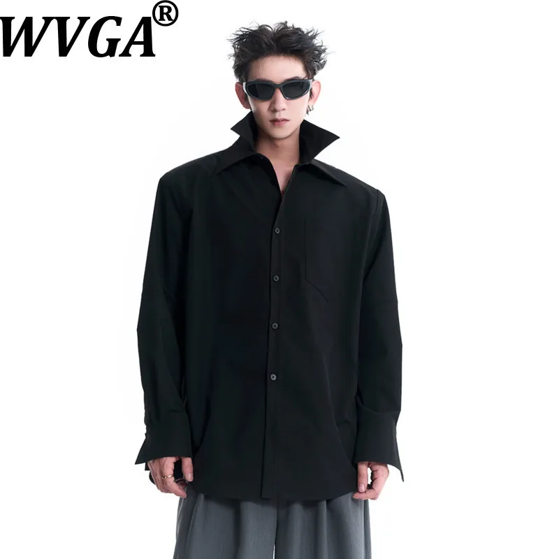 

WVGA Весенне-Осенняя новая мужская рубашка с двойным плиссированным воротником, однотонная рубашка с мягкими плечами и длинными рукавами, нишевый шикарный повседневный топ W17342