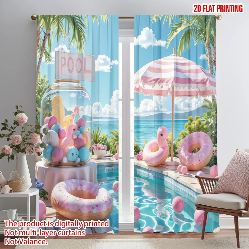 

2D flat printing 2pcs Curtains Summer Pool Party Digital Printed Polyester Drapes Family Party Perfect for Photo Booths