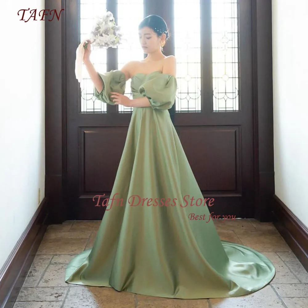 TAFN ウェディングドレス Green Sweep Train Wedding Dresses A-line Strapless Detachable Short Sleeves Bridal Gown Floor-Length Elegant