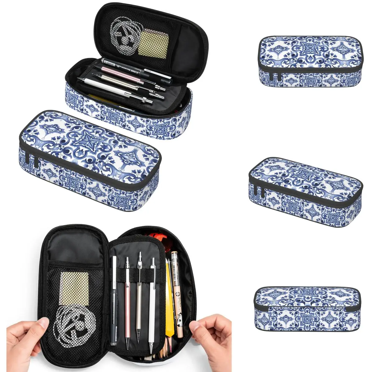 Blue Ornate Floral Mediterranean Sicilian Tile Pencil Cases Big Capacity Pen Bags Pen Box Pencil Pouch For Boys Girls Students