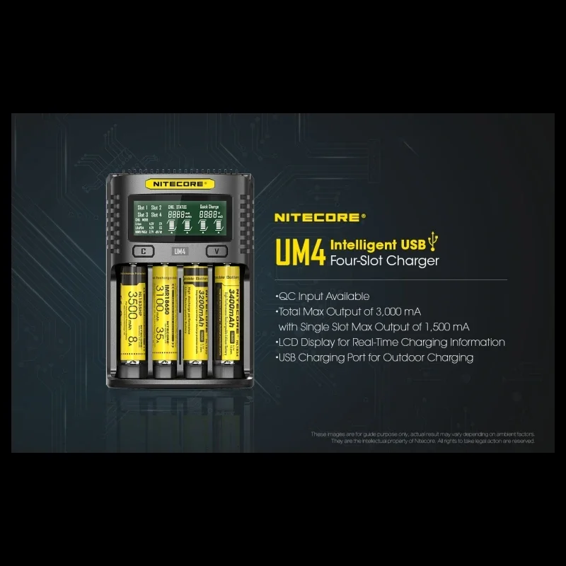 Original Nitecore UM4 2A USB Four-slot QC C4 VC4 LCD Smart Charger IMR INR ICR Li-ion AA 18650 14500 Charger