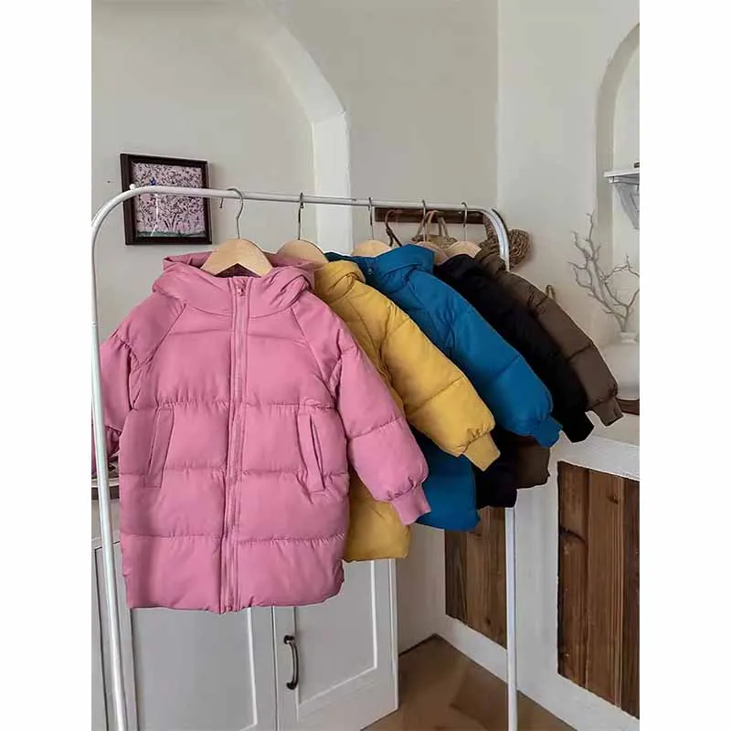 2024 Girls Winter Coat Boys Padded Thickened Warm Long Outerwear Children Solid Color Hooded New Clothes Jacket 2-8 Years Old