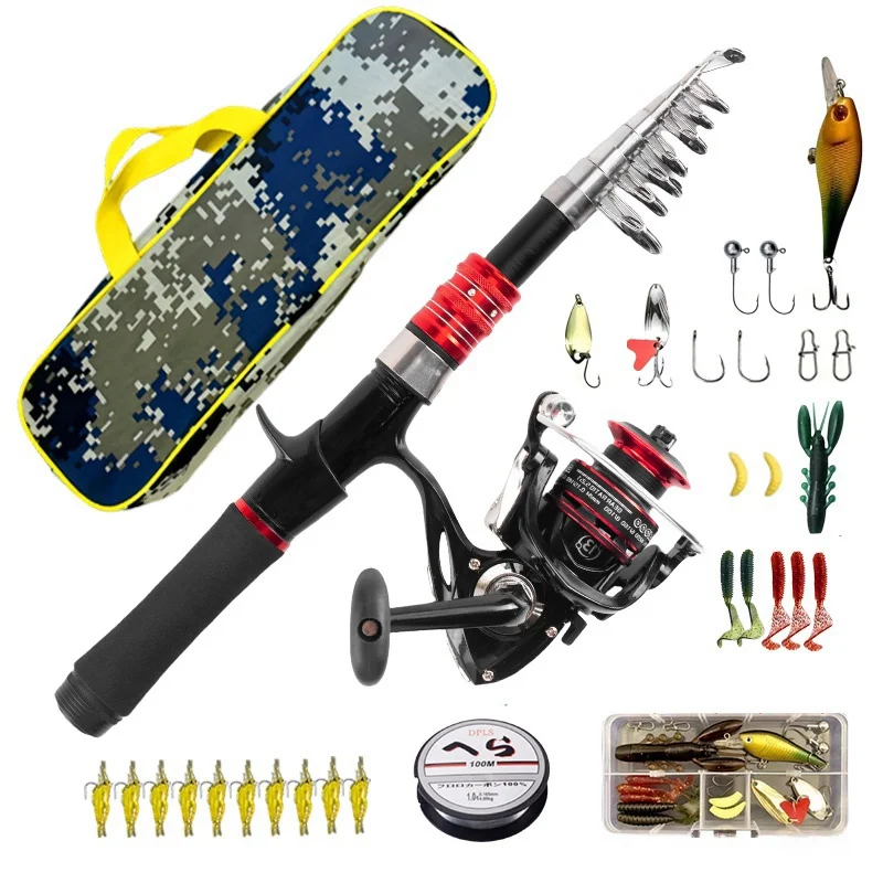 Fishing Pole Set Full Kits With Telescopic Fishing Rod And Spinning Reel Baits Hooks Travel Pole Set