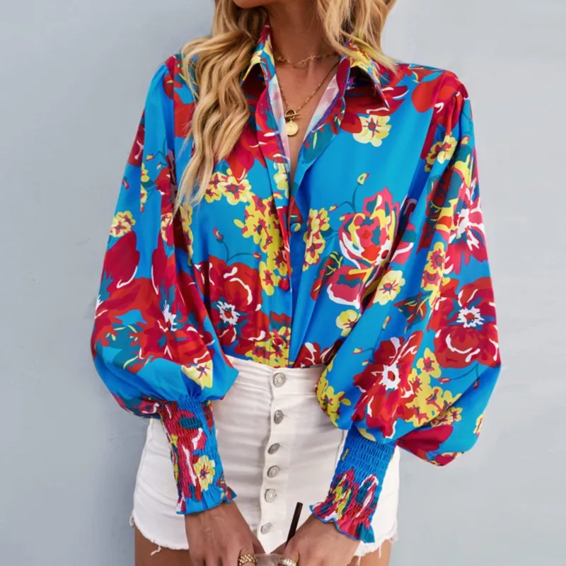 Women Casual Shirt Commuting Elegant Floral Print Blouses Lantern Sleeve Turn-down Collar Single Breasted Lady Top Spring Autumn