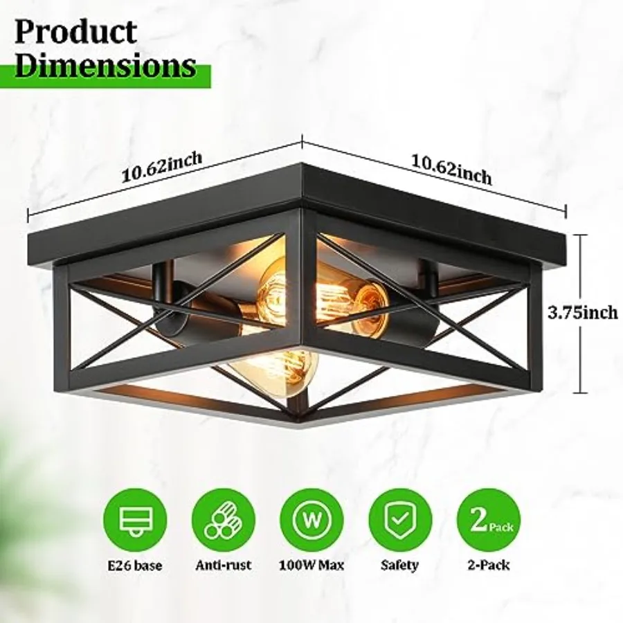 2-Light Industrial Square Flush Mount Ceiling Light, Farmhouse Ceiling Light Fixture for Kitchen, Modern Close to Ceiling Light view 4