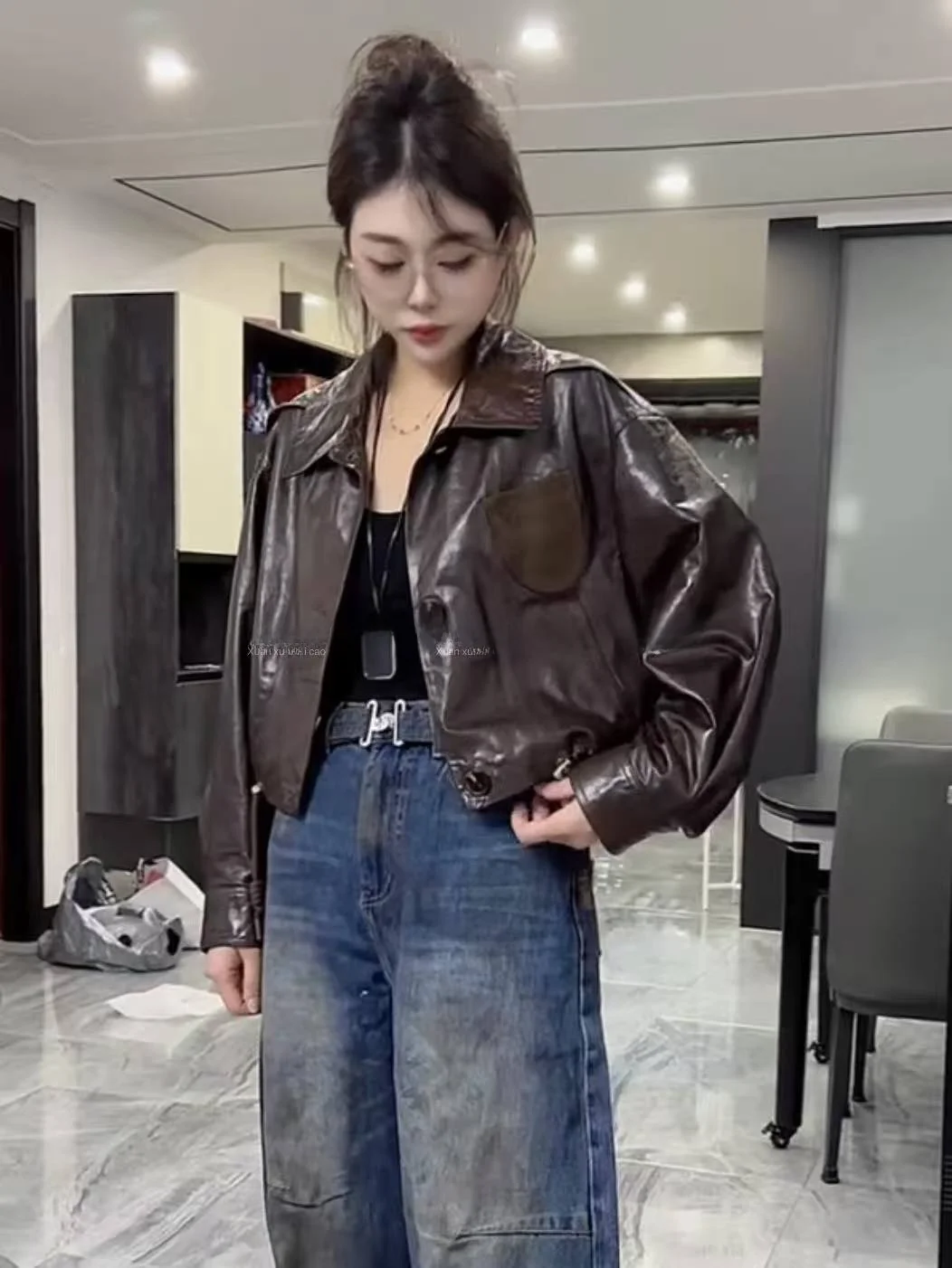 

Ning 2025 Spring Autumn New Sle ular Women's Leather Jaet Genuine eepskin ort Coat Commute Sle Long Sve