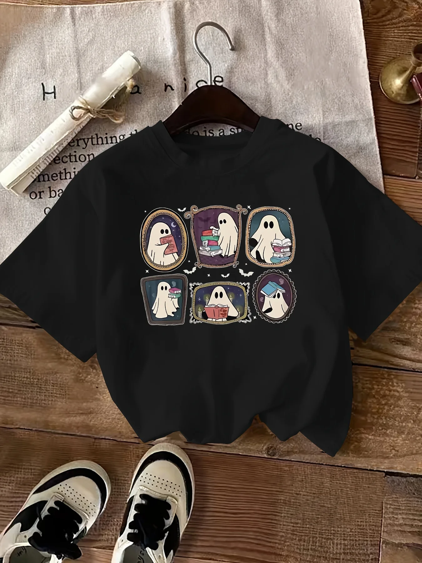 Cute Ghost Character Collage Print Black Loose Short Sleeve Casual Women Top