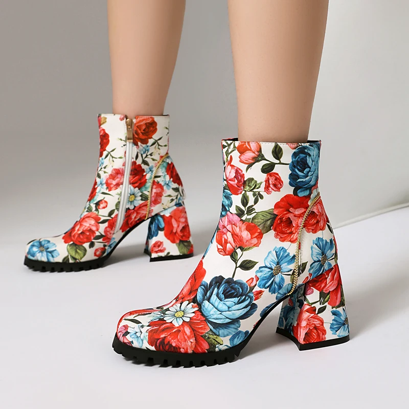 

Корейская версия, женские ботильоны с милым принтом, осенние модные короткие ботильоны на высоком каблуке с молнией и цветочным принтом, размеры 34–48