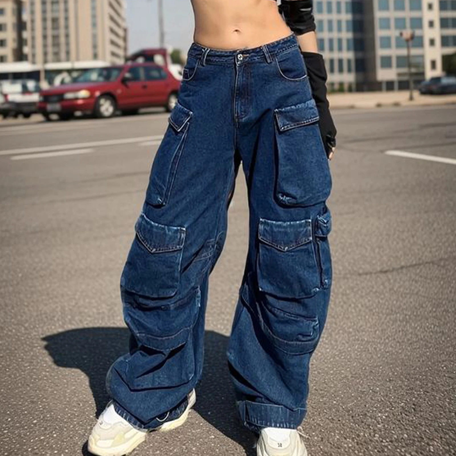 

Women Cargo Jeans Low Waist Zipper Button Closure Loose Casual Trousers Streetwear with Pockets