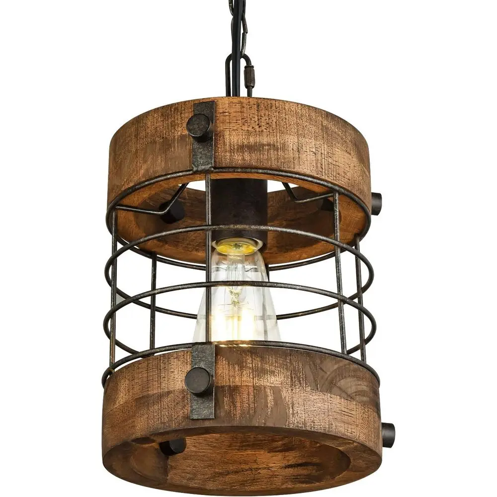 

Industrial-Style 1-Light Round Metal & Wood Cage Pendant Light, 7.9 Diameter, 8.7 Height, Brown