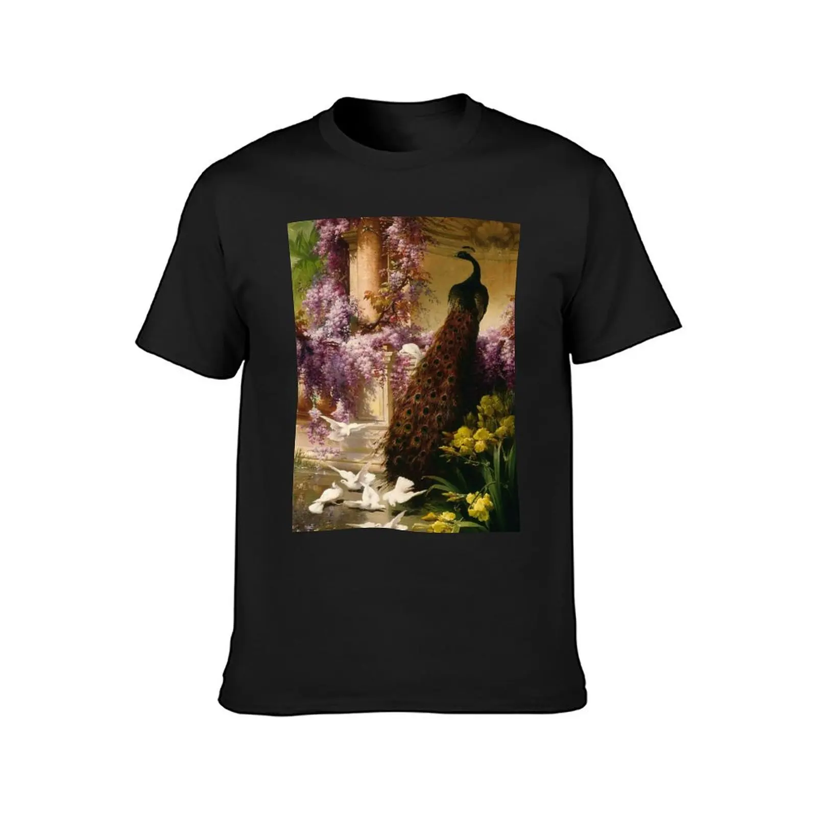 Eugene Bidau's A Peacock and Doves in a Garden T-Shirt funnys Blouse mens white t shirts