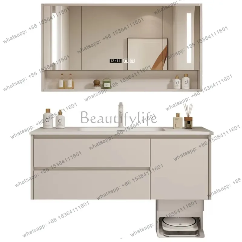 YJ Mirror Modern Bathroom Cabinet Led Lighting White Toilet Makeup Bathroom Vanity Space Saving Wood Meuble Salle De Bain Furnit