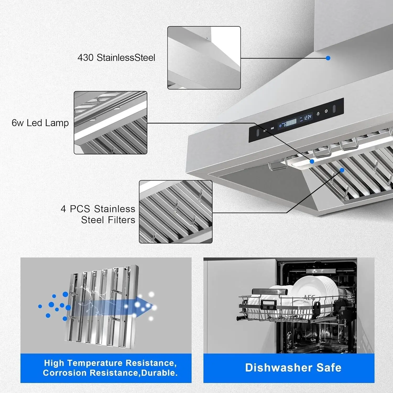 Tieasy-Ventilateur mural en acier inoxydable, ventilateur à 3 vitesses, écran tactile, lumière LED, capot de gamme, USGD2875, 30 pouces, 900CFM