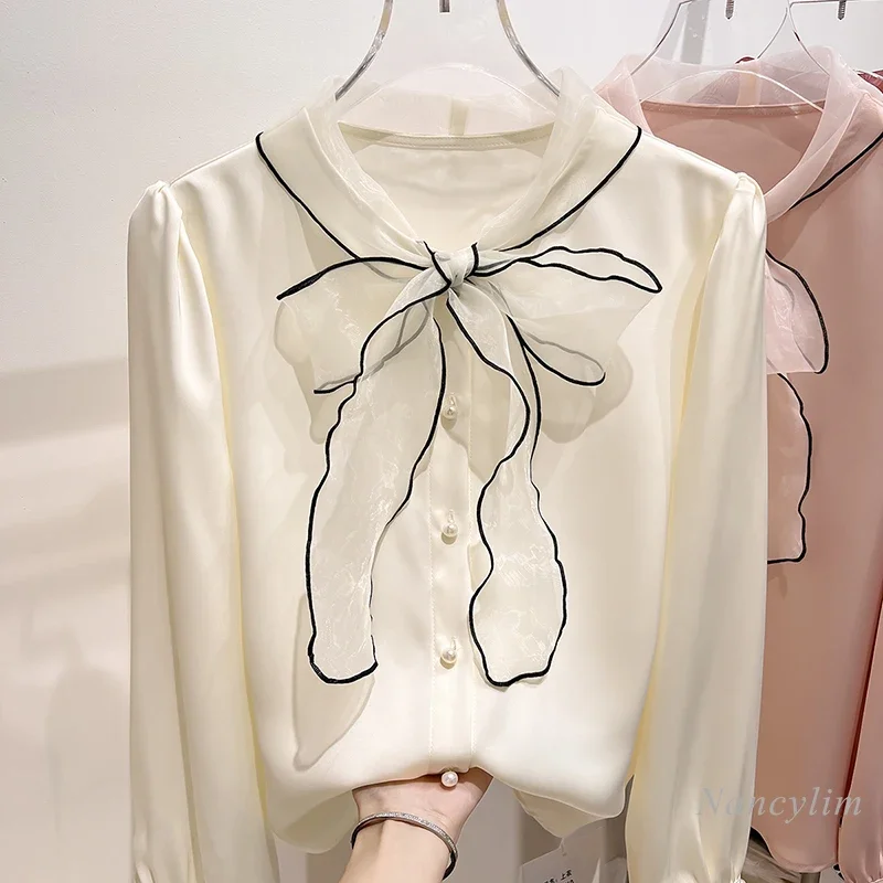 Stand Collar Organza Lace-up Bow Long Sleeve Chiffon Shirt 2024 Autumn Blouse New French Pullover Top for Women OL Blusas