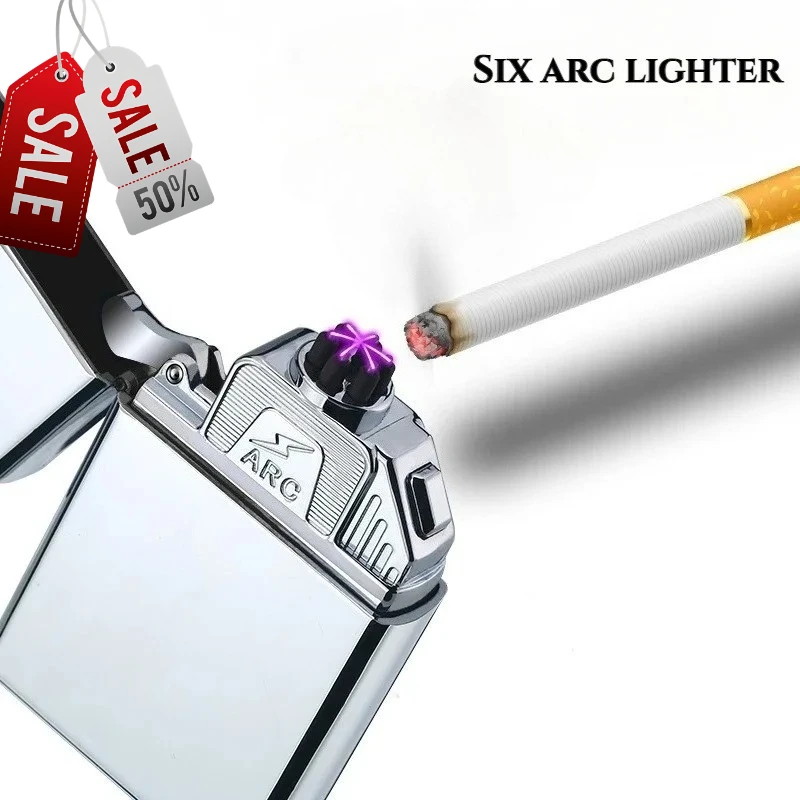 

New Six Arcs Lighter Windproof USB Charging Electronic Lighter Metal Body Flameless Pulse Plasma Igniter for Smoker Gift Gadgets