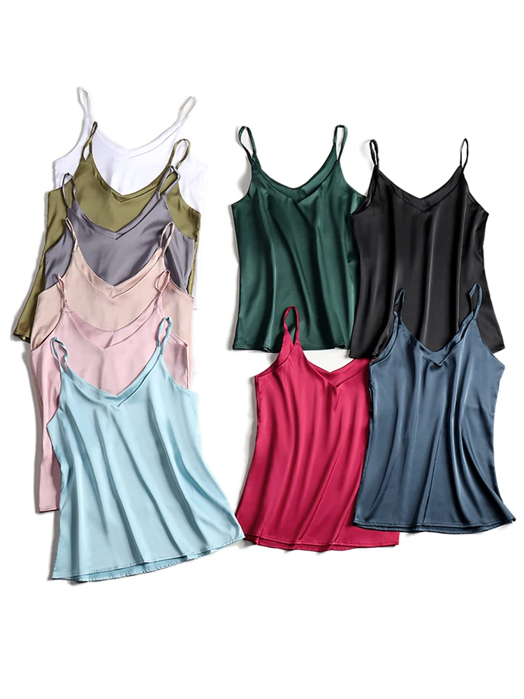 Spaghetti Strap Top Women Halter V Neck Basic White Cami Sleeveless Satin Silk Tank Tops Women\'S Summer 2024 Camisole