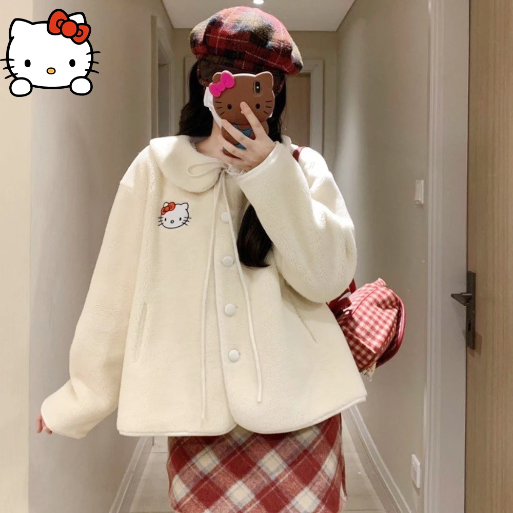 Cute Hello Kitty Lamb Wool Jacket Skirt Suit Kawaii Sanrioed Anime Autumn Kt Coat Cartoon Bow Tops Girls Student Fashion Sweet