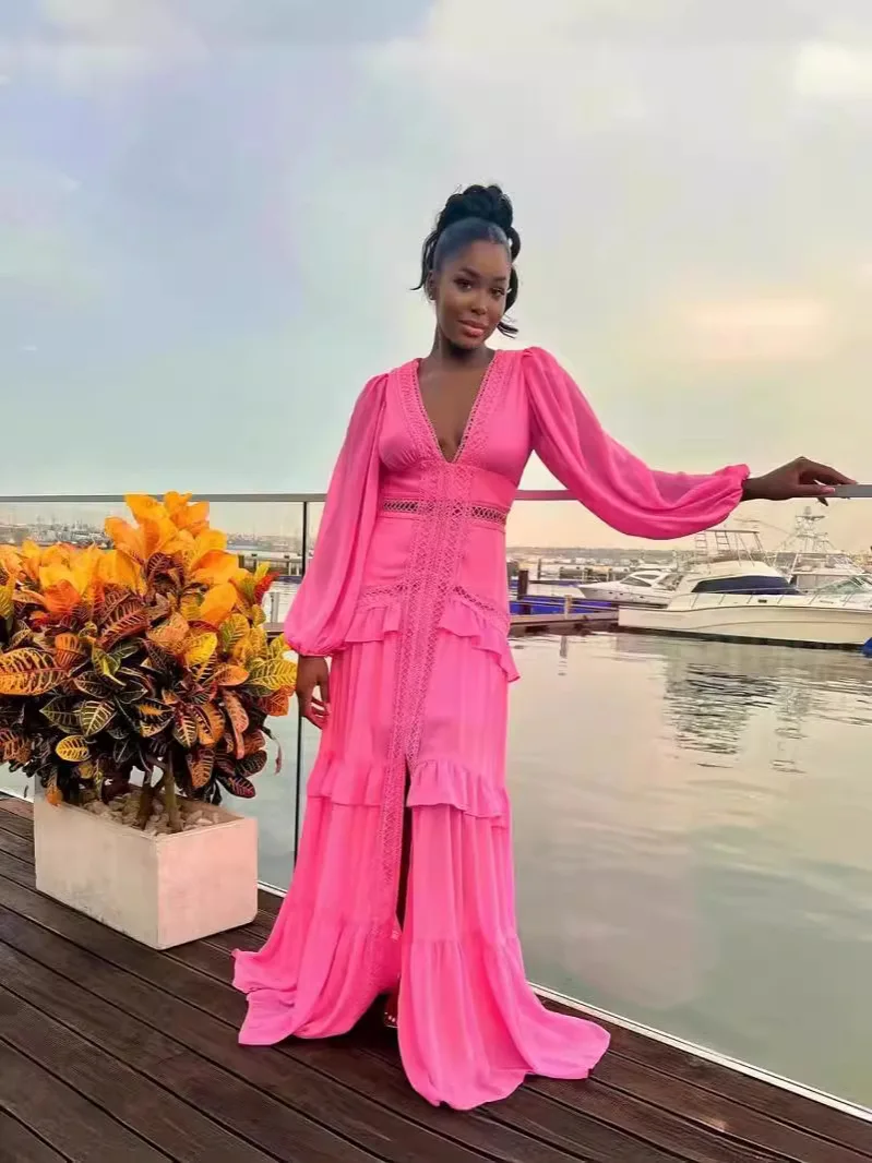 Elegante dames maxi-jurk ruches lange mouwen uitgehold avondjurken feest chic gewaad groen blauw paars nieuw in vakantie zomer