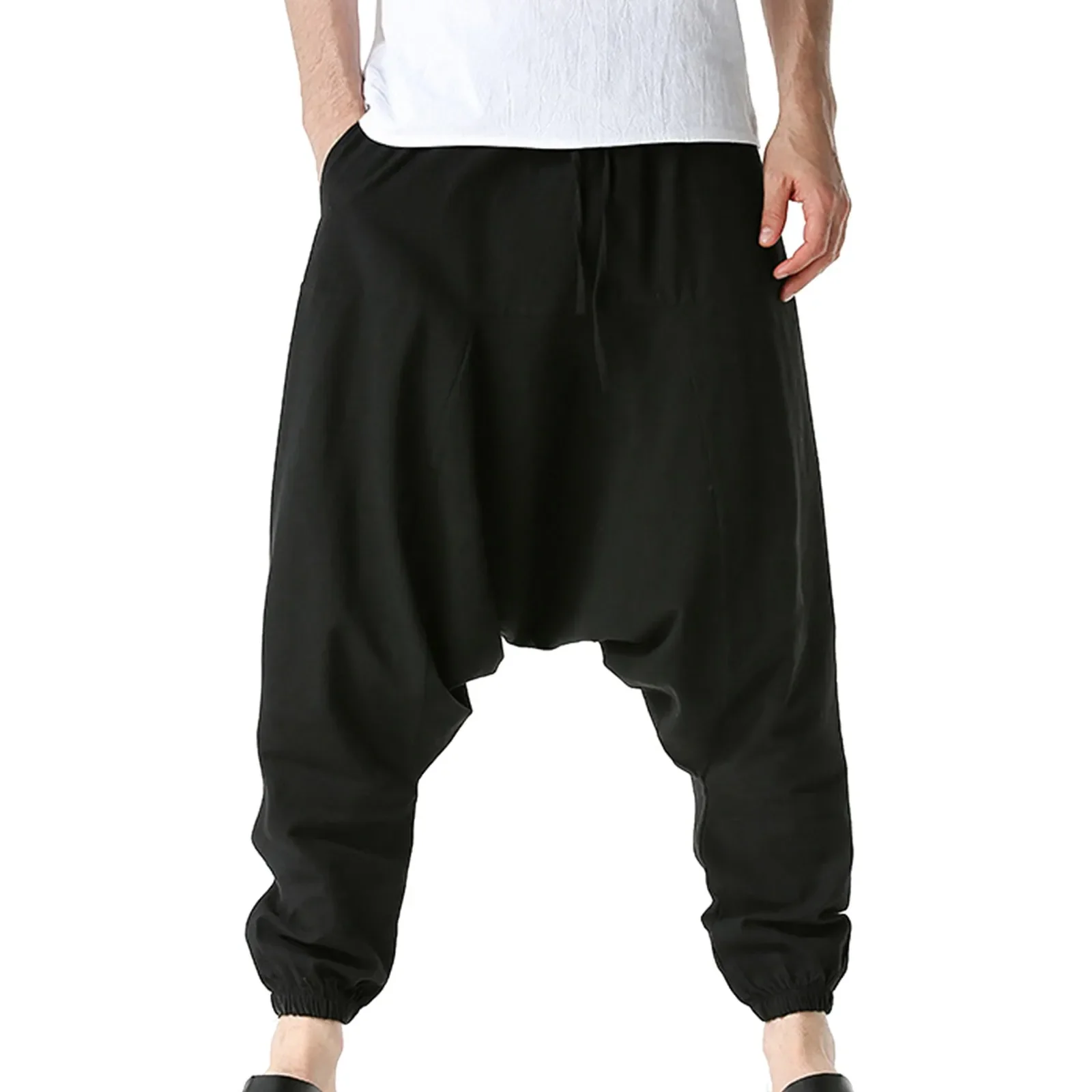 Men Casual White Sweatpants Casual Baggy Trousers Summer Loose Drawstring Mid Waist Yoga Harem Pants With Pockets Breeches