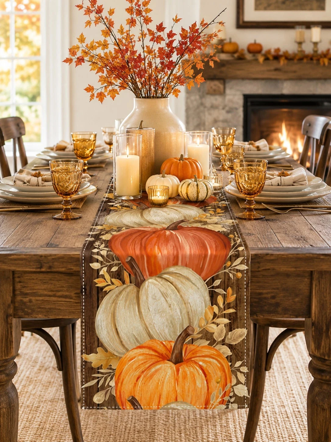 1pc Halloween Pumpkin Linen Table Runner, 2D Watercolor Pumpkin Maple Leaf Print,Multiple Sizes, Ideal Thanksgiving Tabletop Dec
