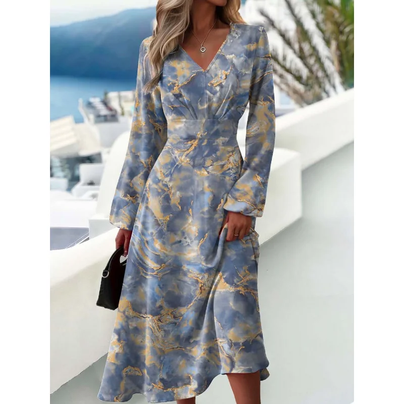 

Spring and Autumn New Slim Fashion Printing DressvCollar Long Sleeve Dress for Women