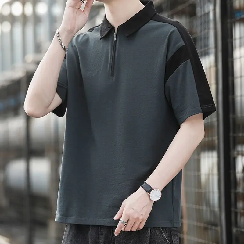 Men Summer Korean Half Zipper Solid Color Short Sleeved Lapel Collar T-shirt Casual Commerce Contrasting Colors Loose POLO Shirt