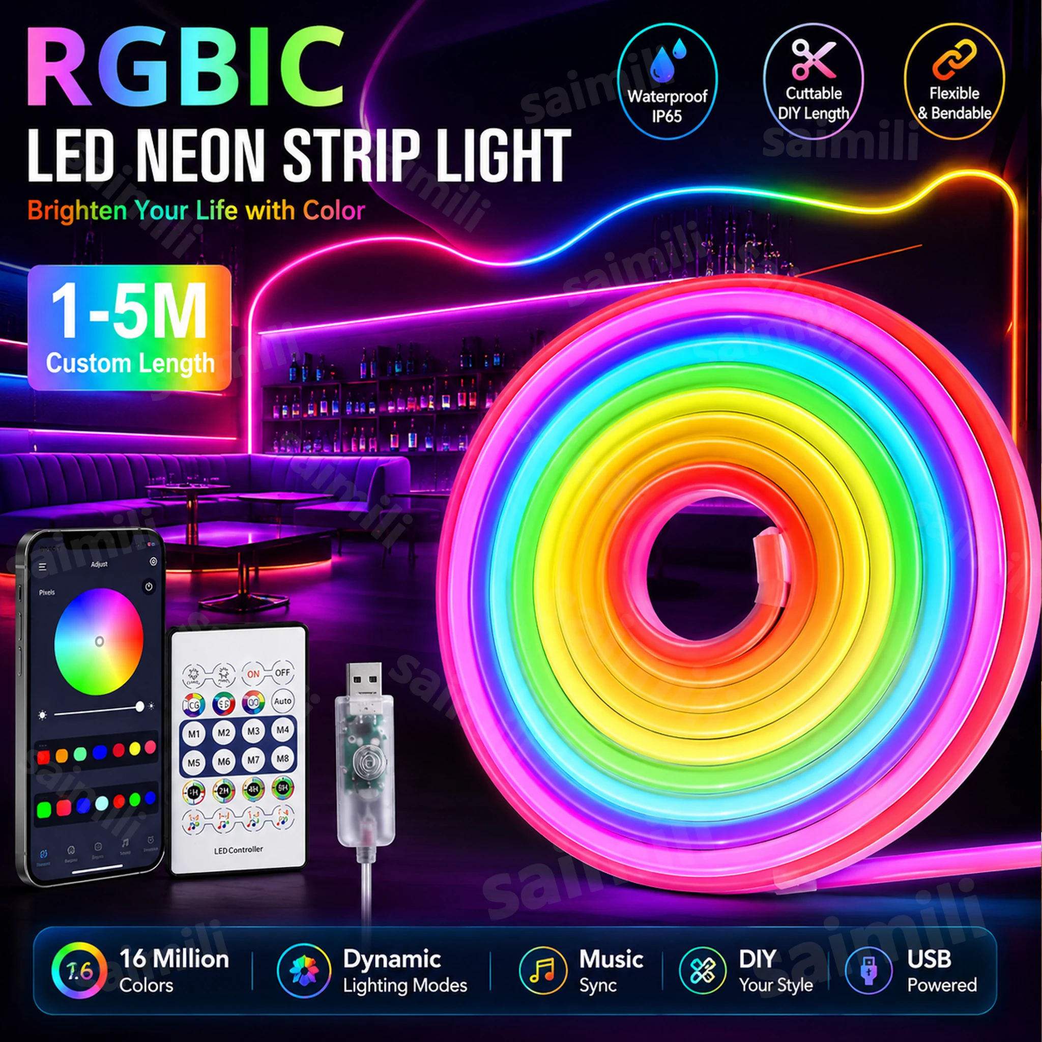 Tira de luces LED RGBIC de neón de 5V con control por aplicación Bluetooth, sincronización musical, luz de colores de ensueño para decoración de pared en el hogar, fiestas, días festivos y proyectos de bricolaje.