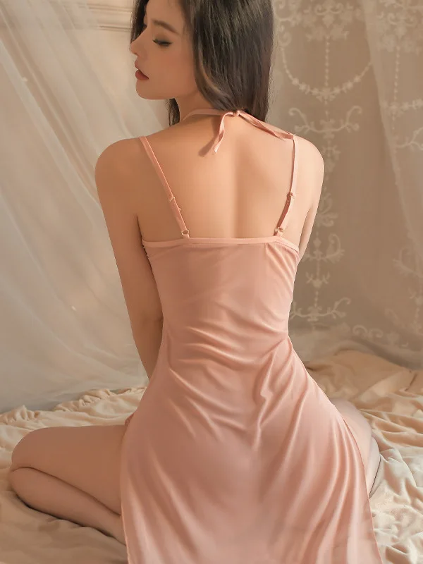 Transparent Sexy Temptation Pajamas Passionate Long Lace Up Backless Fork Solid Sheer Hollow Out Dress Summer Women Charm D710