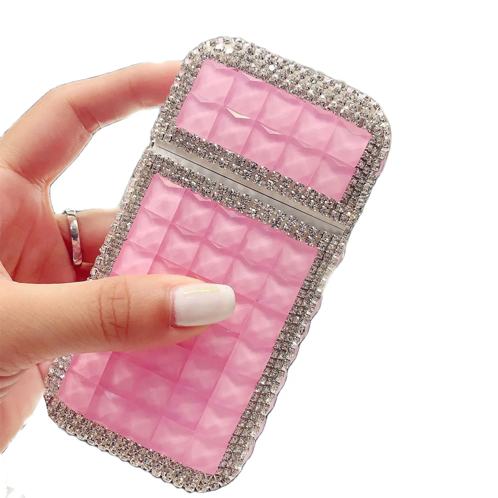 Luxury Diamond Plastic Cigarette Case Box for Long Slim 100\'s Cigarette - USB Lighter Rechargeable luxury Shiny Rhinestones