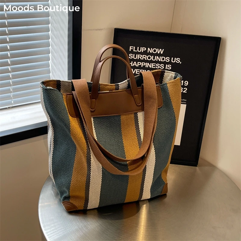 

Striped Shoulder Bucket Bags For Women Canvas Fabric Large Capacity Shopping Totes Contrast Color Commute Shopper Handbags 2024