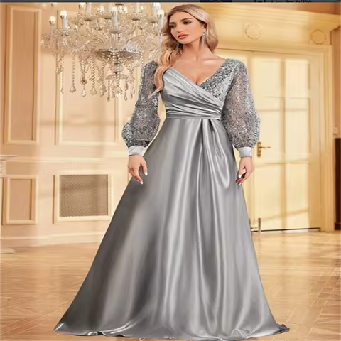 A-Line Evening Gown Elegant Dress Wedding Guest Evening Party Floor Length Long Bubble Sleeve V Neck Satin With Glitter Custom