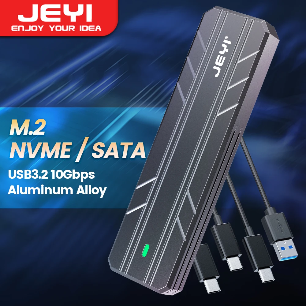 JEYI M.2 NVME SATA SSD Enclosure, USB C 3.2 Gen 2 10Gbps or 6Gbps SATA M-Key(B+M Key) SSD Reader  Dual Protocol Hard Disk Case