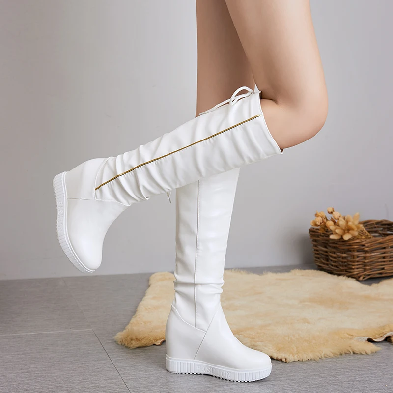 Wedge Platform Women High Boots Knee High Boots Girls Slip on Fashion Height Heel Wedge Boot white Casual Shoes Woman 2022