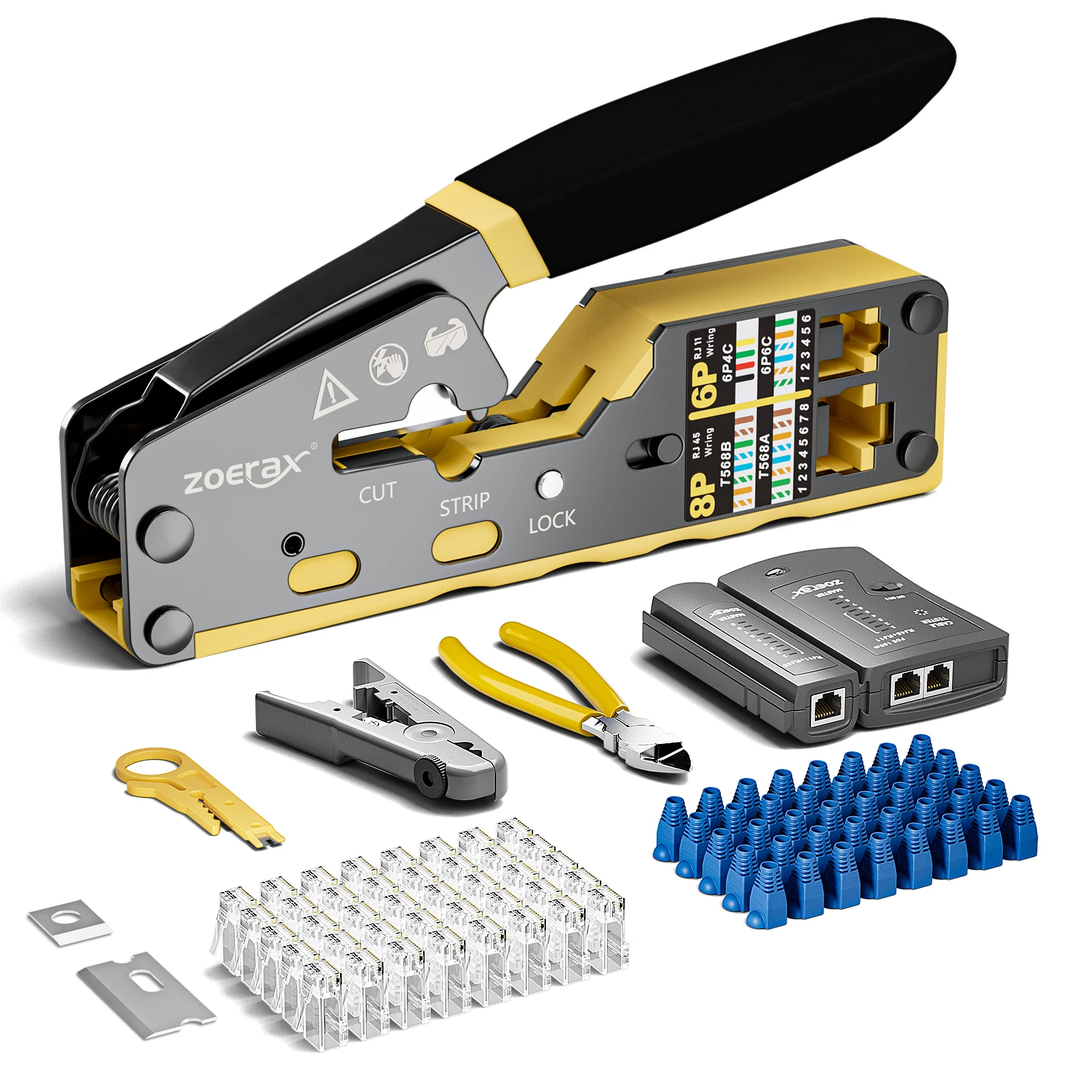Zestaw narzędzi sieciowych ZoeRax RJ45 CAT6 CAT5E, zaciskarka, tester kabli, obcinak do przewodów, ostrza, 50 szt. złączy CAT6 CAT5 i osłonek wtyków — zdjęcie 2