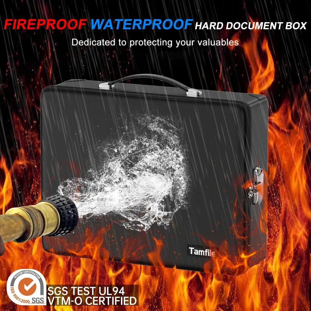 Fireproof Safe Box with Lock, Water Resistant Hard Case for Documents, Valuables, Laptop in Black