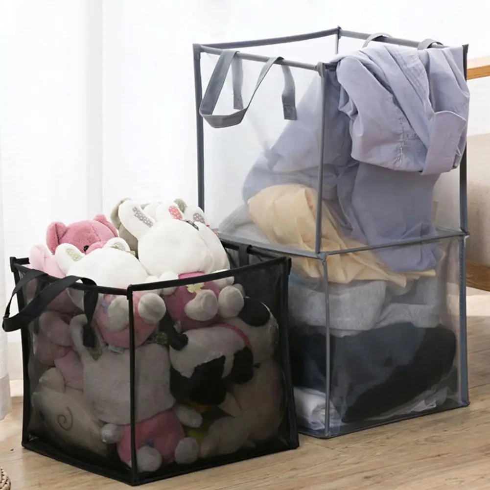 Laundry Basket Large Capacity Square Foldable Side Handles Fine Mesh Transparent Visible Dirty Clothes Sundries Toys Storage Bag