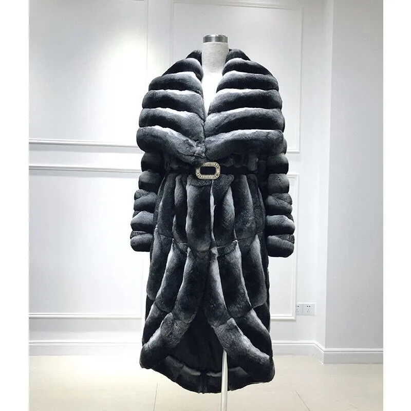 Women Luxury Chinchilla Full Fur Real Rex Rabbit Fur Coat Winter Fashion Lapel Jacket Lady Elegant Warm Genuine Fur Overcoat