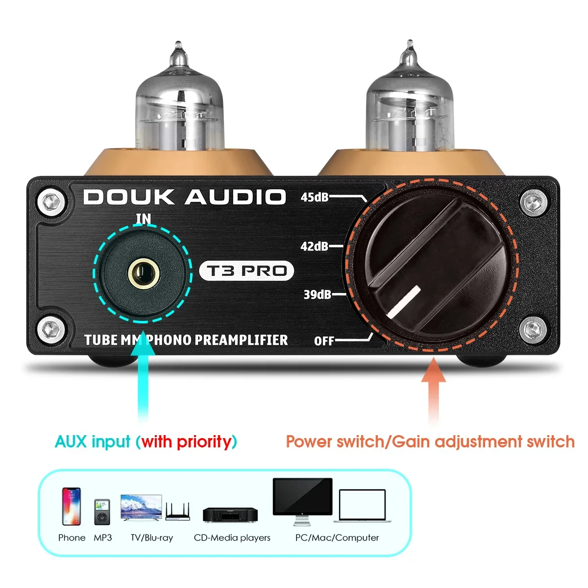 Douk Audio T3 PRO Mini MM RIAA  Phono Turntable Preamp Line Level Amp HiFi Stereo RCA Valve Tube Desktop Preamplifier