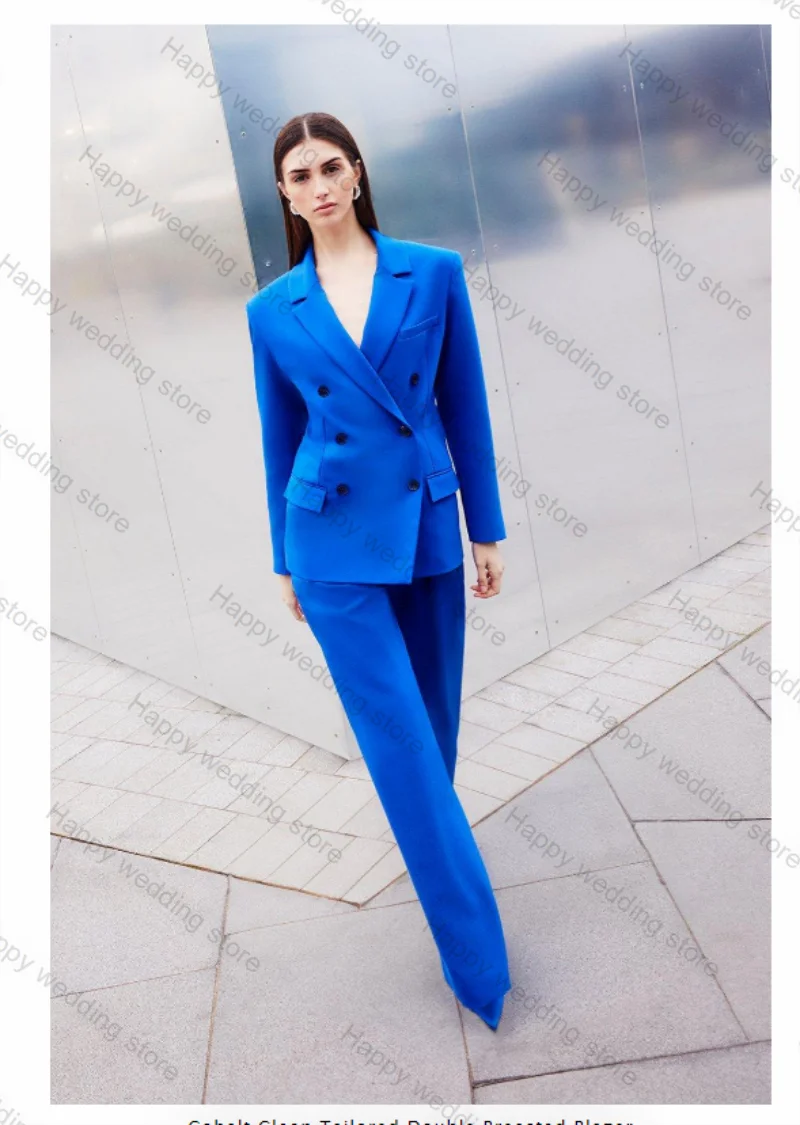 Blue Formal Women Suit Pants Set 2 Piece Blazer+Trousers Double Breasted Business Office Lady Coat Jacket Customized Outfit