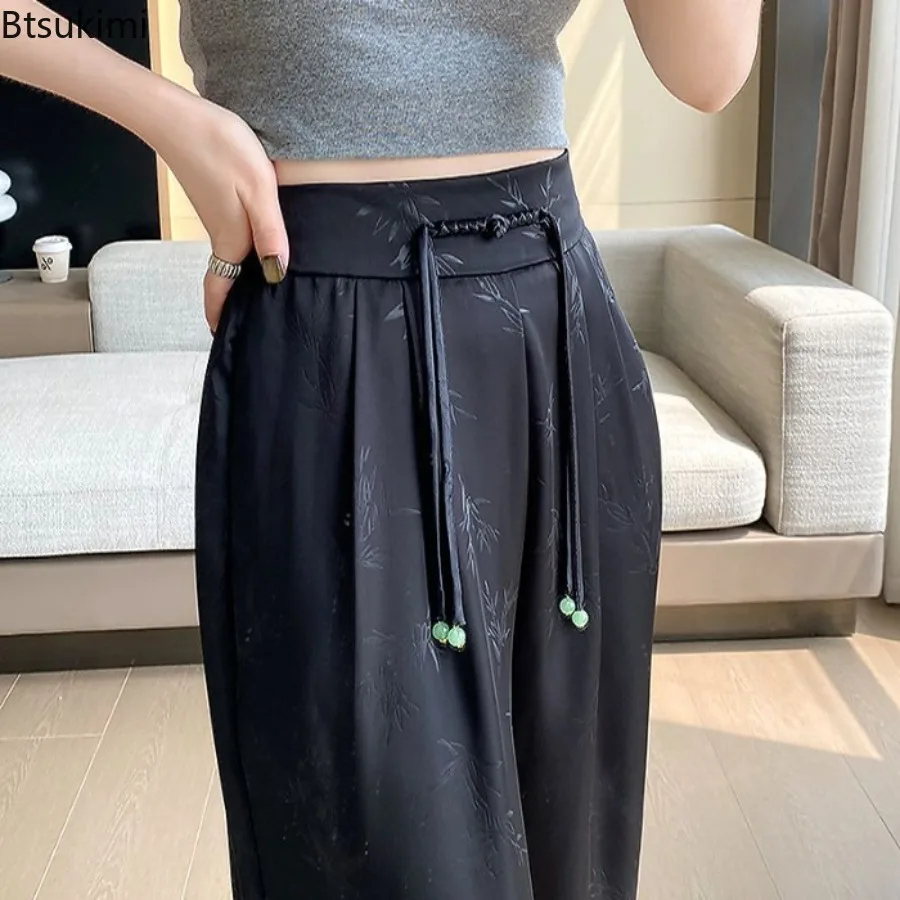 2025 Primavera Verano nuevo estilo chino satén Jacquard cintura alta pantalones de pierna ancha para mujer Casual elegante pantalones de moda Mujer