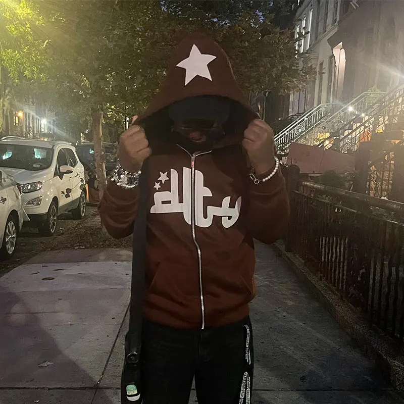 

Vintage Zipper Stars Print Hoodie Autumn Winter Holiday Tour Long Sleeve Sweatshirt Hip Hop Men's Casual Jacket Coats Streetwear