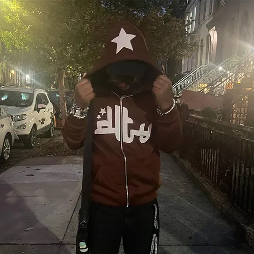 Sudadera con capucha Vintage con cremallera y estampado de estrellas para hombre, chaqueta informal de manga larga, abrigos, ropa de calle, viaje de vacaciones, Hip Hop, Otoño e Invierno