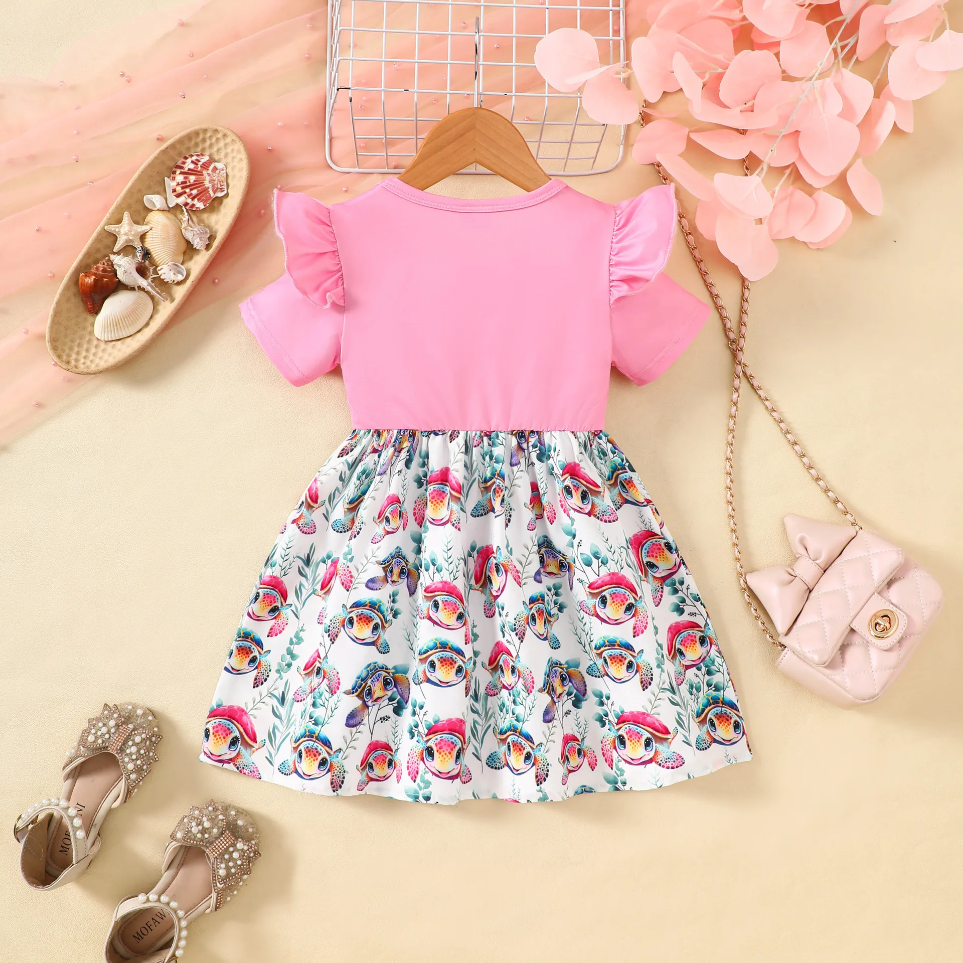 Toddler Girls Summer Casual Dress Cute Flutter Sleeve Letter Turtle Print Patchwork Allover Printed A-Line Sundress Outdoor Wear