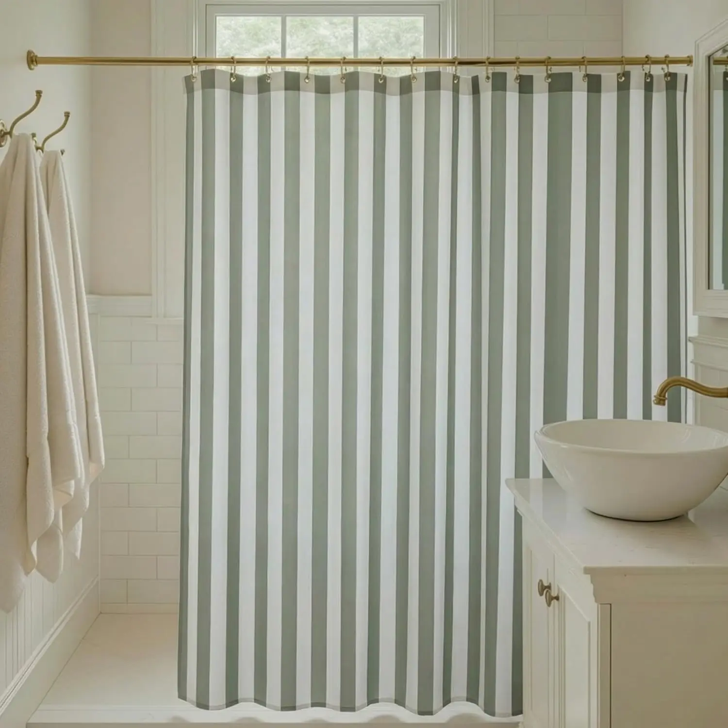 

Sage Green Striped Boho Shower Curtain 72x72 - Waterproof Polyester, Easy Care, Modern Bath Decor