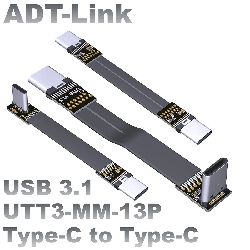 ADT-Link USB 3.1 Falt Cable Type-C Male to Type-C Male Flexible Cable 90° Left Right Top Down 10G/bps USB Build-in Extender