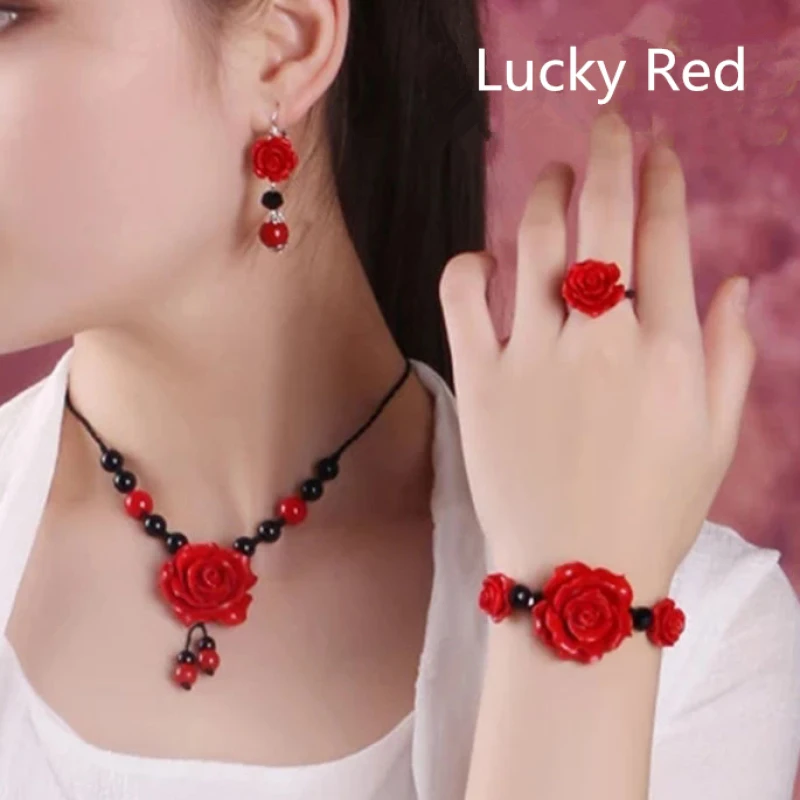 Vintage Lucky Red Rose Floral Jewelry Set for Women Graceful Joker Necklace Earrings Bracelet Rings Lady Neck Accessories 2022